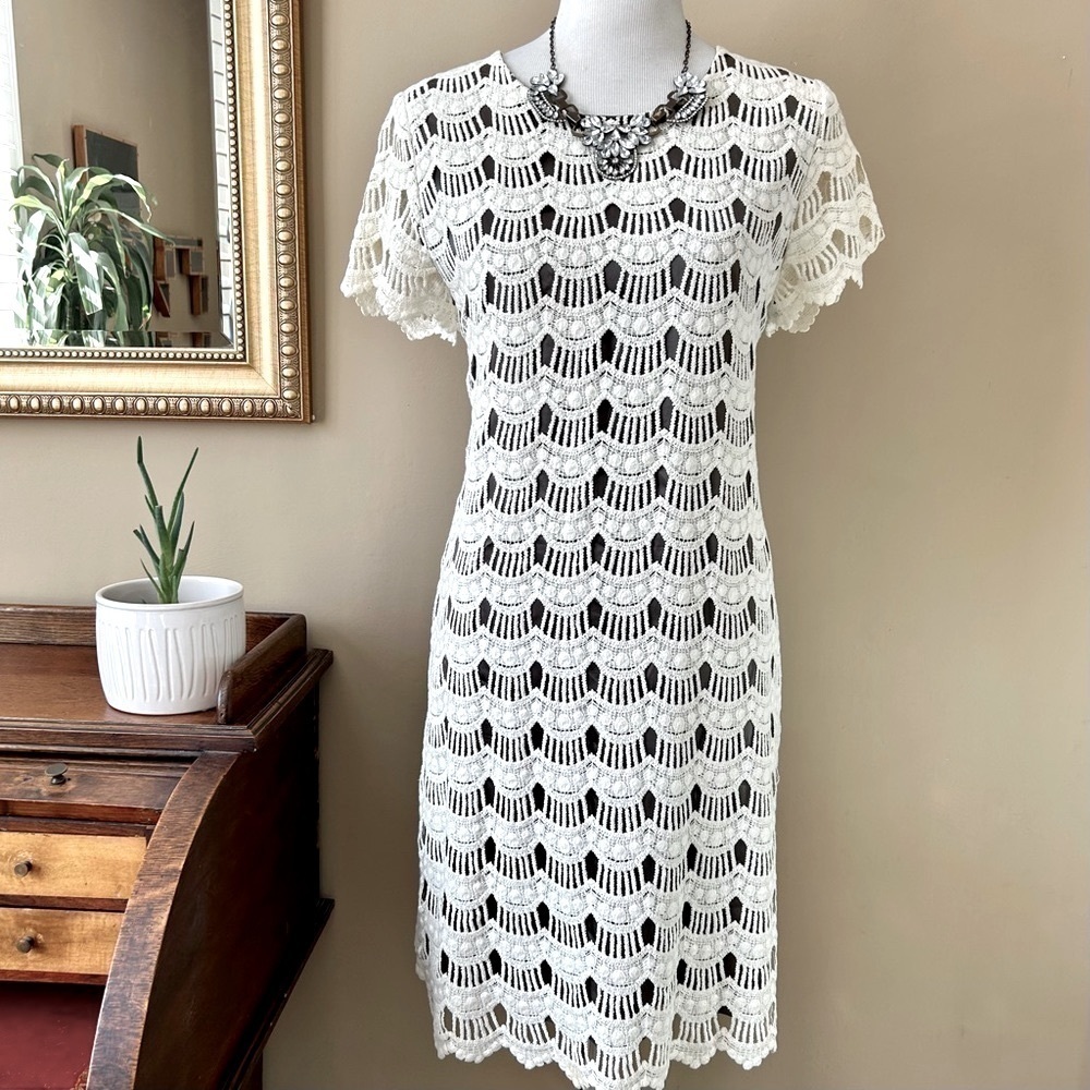 Kate Spade Virginia Ivory Lace Shift White Mini Dress Scalloped Short Sleeve 8